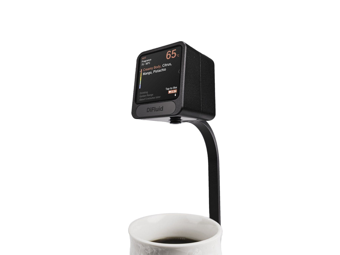 DiFluid Moment display showing temperature and flavor notes