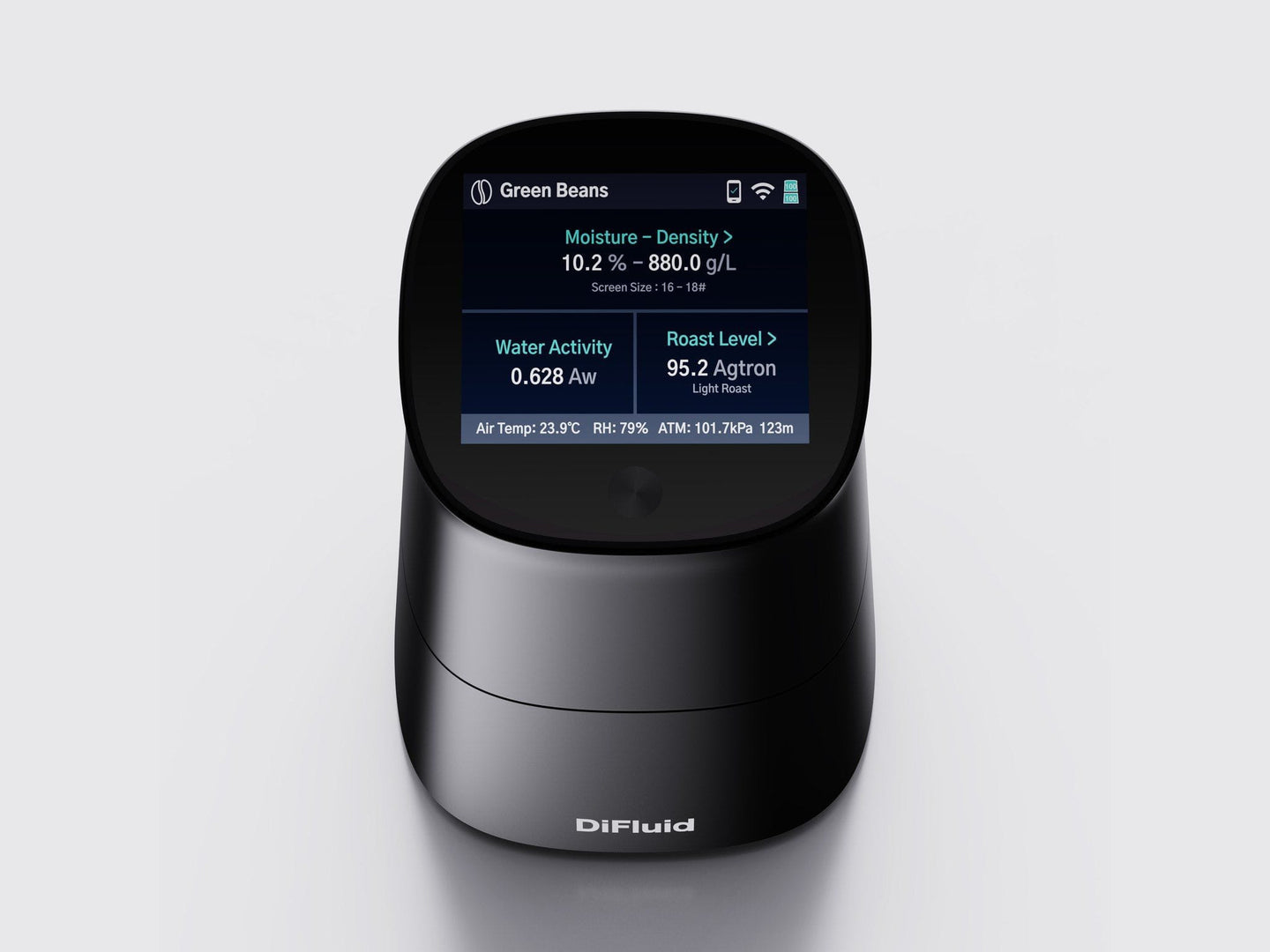 DiFluid Omix Plus coffee analyzer showing moisture, density, water activity and roast level