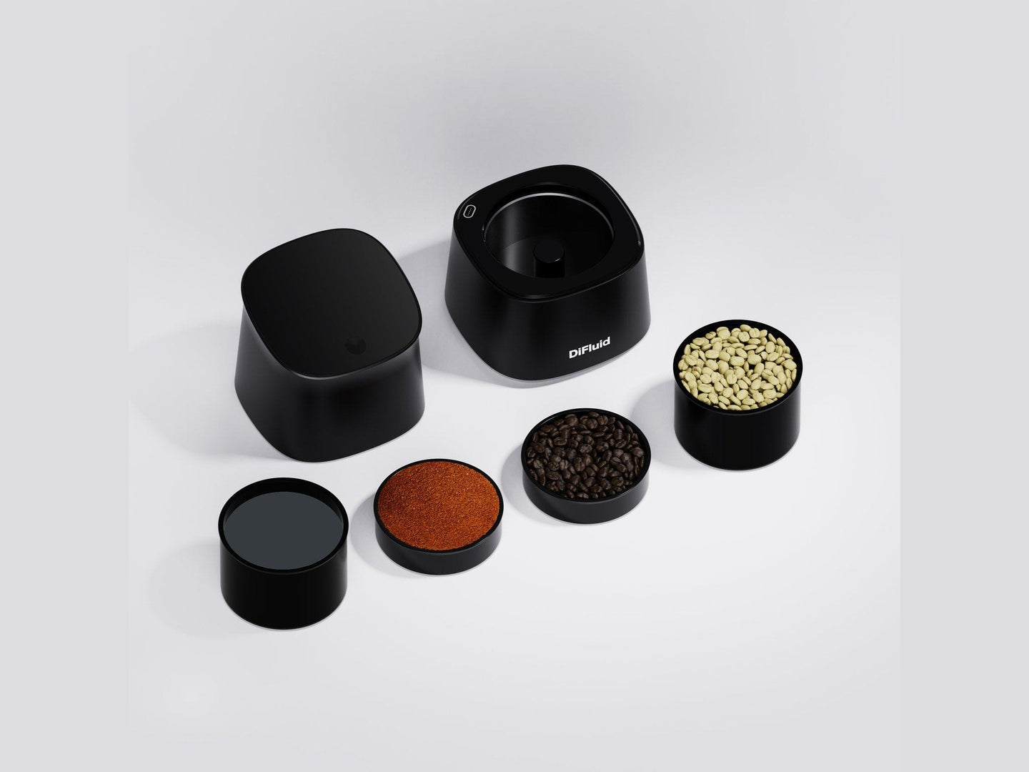 DiFluid Omix Plus with green, roasted and ground coffee sample cups