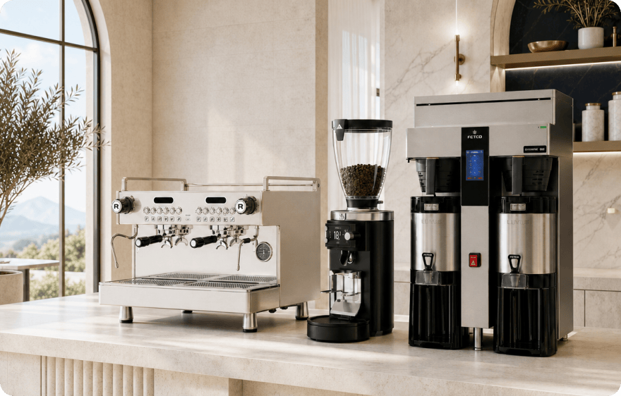 Commercial espresso machine and coffee brewer in a modern cafe